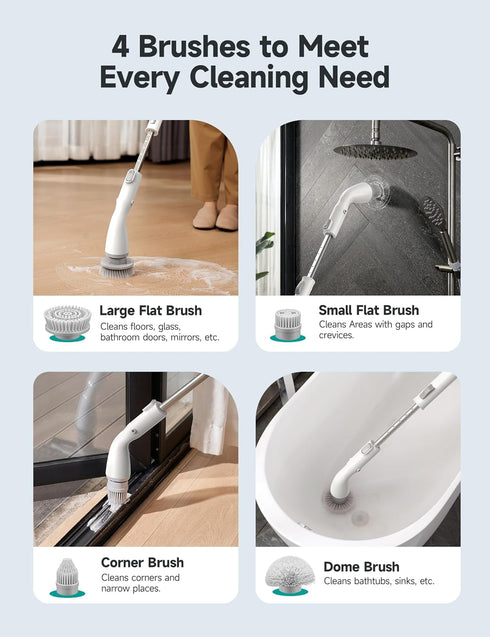 HiCOZY Electric Spin Scrubber HS1, Cordless Shower Cleaning Brush with 4 Replaceable Heads & Adjustable Handle,