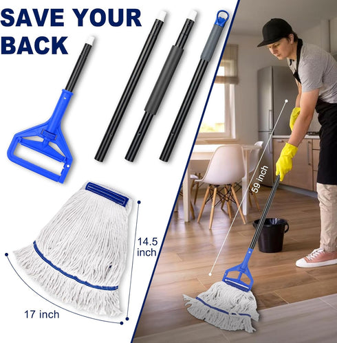Loop-End String Mop Heavy Duty Commercial Mops with 2 Extra Replacement Heads, 59 Inch Cotton Wet Mop