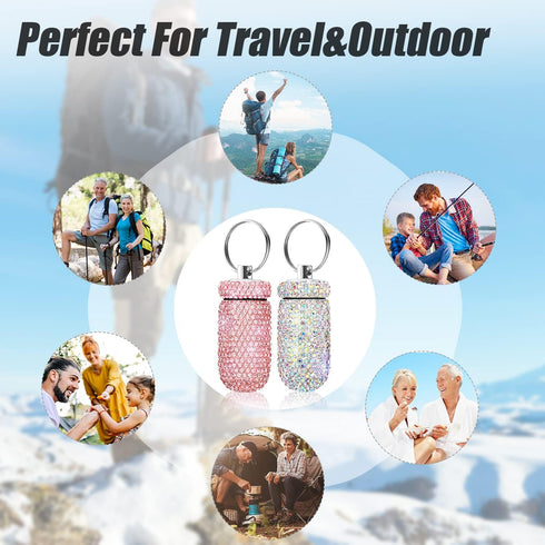 2 Pack Portable Pill Case, Bling Rhinestone Pill Container Box, Waterproof Medication Holder Organizer with Keychain