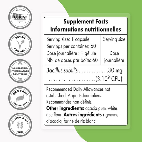 Supersmart - Bacillus Subtilis, 3 Billion CFU per Day, High Potency Probiotic Supplement, 60 DR Capsules