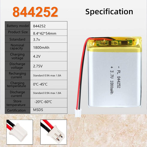 3.7V 1800mAh 844252 Lipo Battery Pack, Rechargeable Lithium Polymer Ion Battery with JST Connector