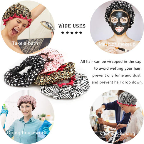 TCOTBE 4 Pieces Shower Cap for Women, Reusable Elastic Bath Caps with Double Waterproof Layers