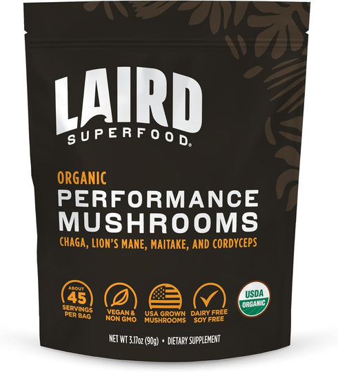 Laird Superfood Organic Performance Mushroom Blend, Chaga, Cordyceps, Lion's Mane, Maitake for Energy, 3.17 oz Bag