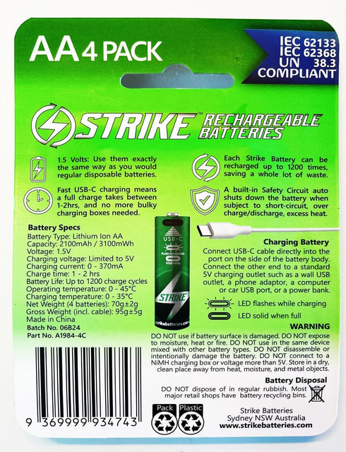 STRIKE BATTERIES 4 Pack 1.5V 3100mWh AA HIGH Capacity Battery Lithium Ion Smart LED USB-C Rechargeable with Charging