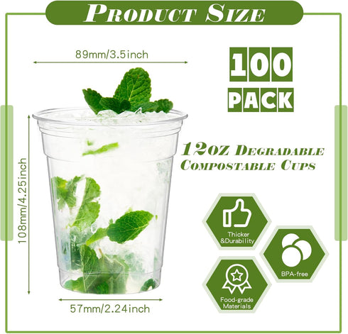 Yaomiao 100 Commercially Supplies(12 oz) Pcs Clear Cold Cups Disposable Party Cups Plant Based Drinking Container