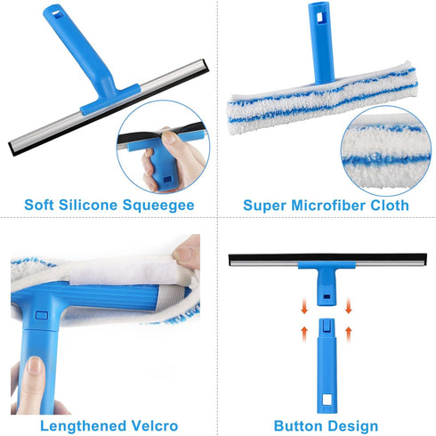 Window Cleaner with Long Handle (57IN), Glass Cleaning Tools with Microfiber Scrubber & Silicon Squeegee Kit