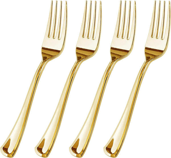 100 Pieces Gold Plastic Disposable Forks, Heavy-Duty Silverware for Party, Wedding, Occasion, 6.9 Inch Soup Forks