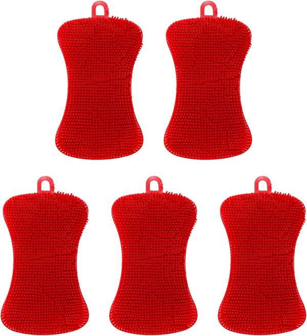 Red 5 Pcs Silicone Cleaning Scrubber, Colored Sponges for Dishes, Kitchen Cleaning