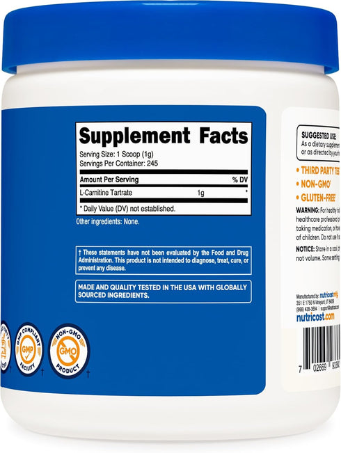 Nutricost L-Carnitine Tartrate, 1000mg, 120 Capsules, 500mg Per Capsule (60 Servings)