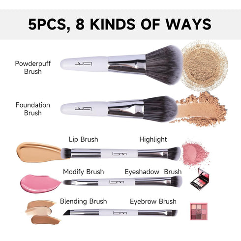 Travel Makeup Brushes Set w/Pouch, 5PCS Double Ended Portable Mini Cosmetic Brushes Kit for Foundation, Eyeshadow, Lip, Blush Make Up Brushes Professional(White)