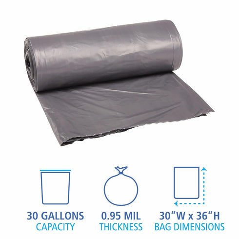 Boardwalk Low-Density Waste Can Liners, 30 gal, 0.95 mil, 30" x 36", Gray, 25 Bags/Roll, 4 Rolls/Carton