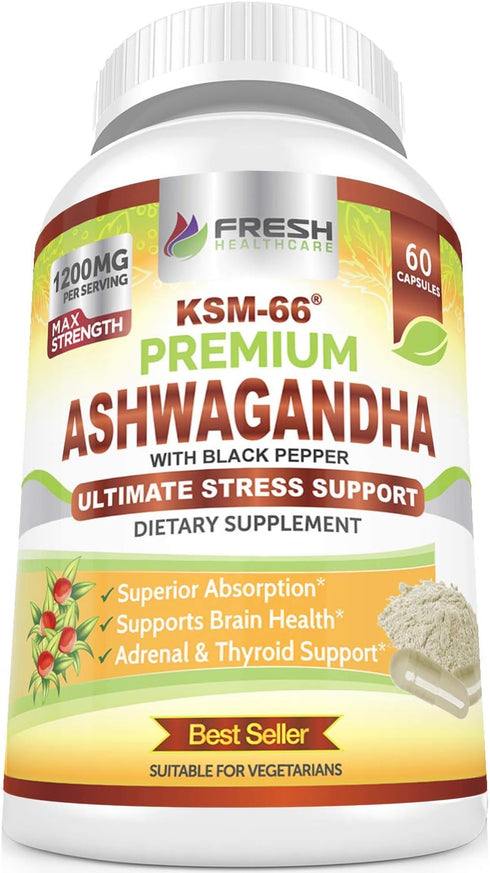 FRESH HEALTHCARE Ashwagandha Capsules KSM-66, 1200mg Pure Root Extract, 60 Vegan Capsules