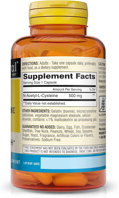MASON NATURAL NAC N-Acetyl L-Cysteine 500 mg - Supports Cellular Health, Immune System Booster, for General Wellness, 60 Capsules