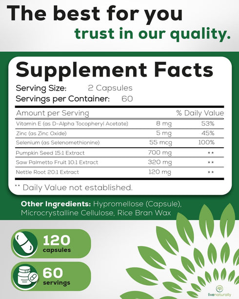 livenaturally 120 Prostate Health Supplement for Men, Advanced Formula with Saw Palmetto, Pumpkin Seed, Stinging Nettle