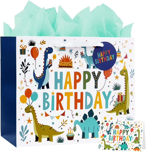 LEAYUGF 13.8" Large Dinosaur Gift Bag with Tissue Paper and Card For Kids