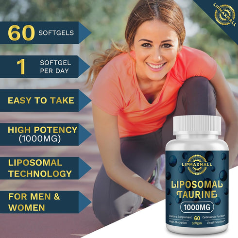 Liposomal Taurine Supplement 1000mg - High Absorption Amino Acid for Heart, Nerve, Brain & Muscle, 60 Softgels