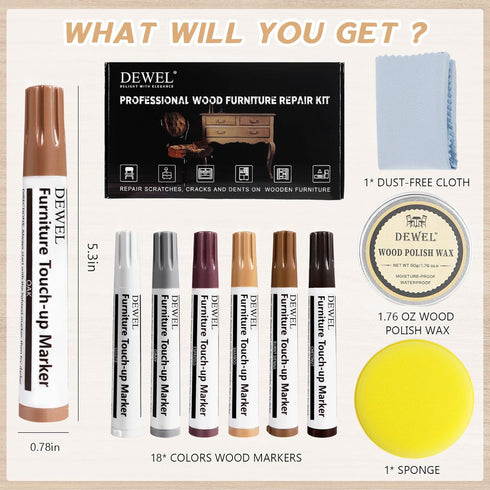 Furniture Markers Touch Up, 18 Colors Wood Markers Repair Kit with Wood Polish Wax for Scratches