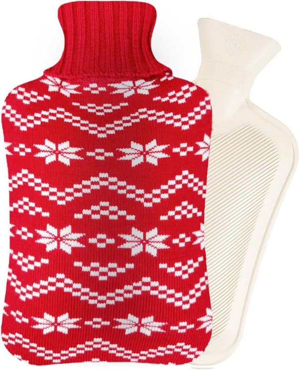 Hot Water Bag - 2 Liter Hot Water Bottle, Reusable Hot Cold Pack with Knit Cover for Pain Relief, Snowflake