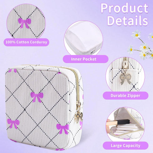 Teircno Period Bag for Women - Cute Corduroy Sanitary Napkin Storage Bag with Bow Design | Period Pouch for Daily Use