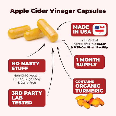 Organic Apple Cider Vinegar Capsules with Turmeric and Ginger for Joint Health, 60 Vegan ACV Supplements