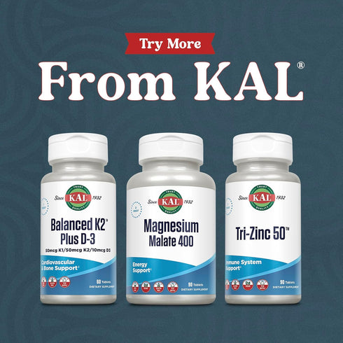 KAL Magnesium Malate 400mg, Chelated Magnesium Supplement, 90 Veg Tabs, Vegan, Non-GMO