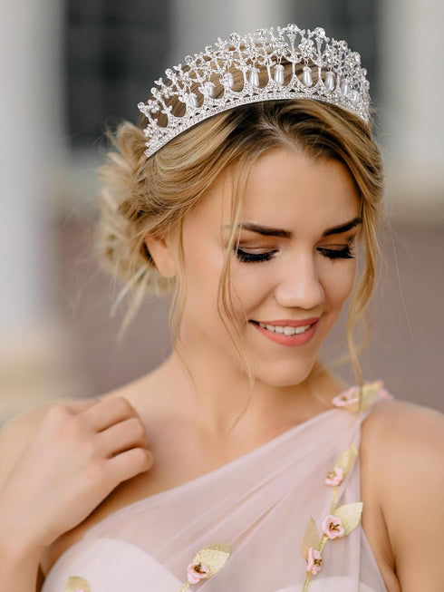 SWEETV Princess Diana Tiara for Women, Silver Pearl Wedding Crown for Bride