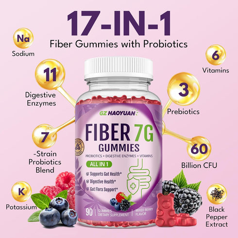 Gummies 7g 1, 60 90 Fiber for Adults - Sugar Free Fiber Supplement All in Probiotic Billion CFU & Prebiotic