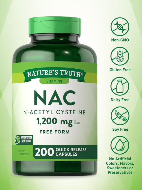 Nature's Truth NAC Supplement, 1200mg, 200 Capsules - Free Form Amino Acid, Non-GMO & Gluten Free