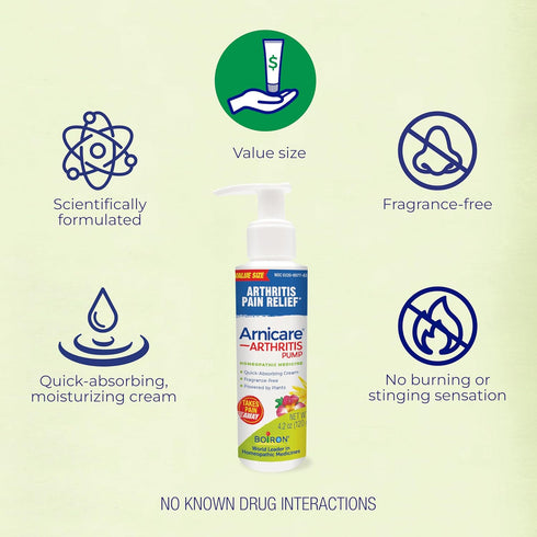 Boiron Arnicare Arthritis Cream Pump - Pain Relief for Knees, Hands, Wrists, Elbows, Joints & Muscles, 4.2 oz