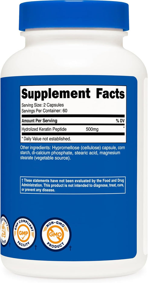 Nutricost Keratin Hydrolized Peptide Capsules, 500MG, 120 Capsules, Non-GMO, Gluten-Free Formula