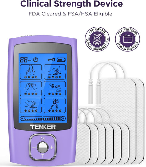 TENKER TENS Unit Muscle Stimulator, Rechargeable Electronic Pulse Massager with 24 Modes, 2"x2" and 2"x4" Electrode Pads