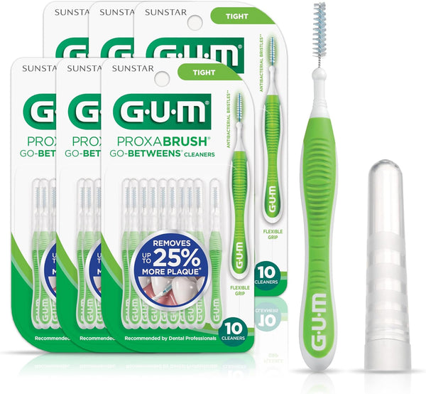 GUM Proxabrush Go-Betweens - Tight Interdental Brushes, Soft Bristled Dental Picks for Plaque Removal, 10ct (6pk)