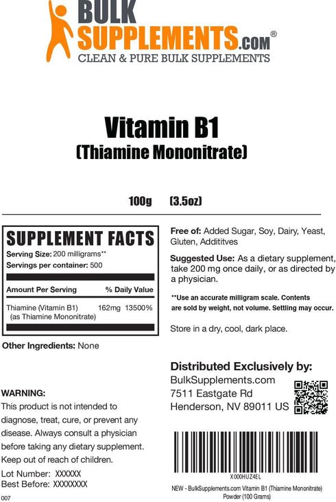 BulkSupplements.com Thiamine Mononitrate Powder, Vitamin B1 Supplement, Gluten Free, 200mg per Serving, 100g