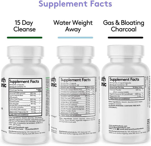 Youth & Tonic 3X Belly Bloating Pills, 150 Capsules for Puffiness, Water Debloat, Stomach, Gut & Colon Cleanse Detox