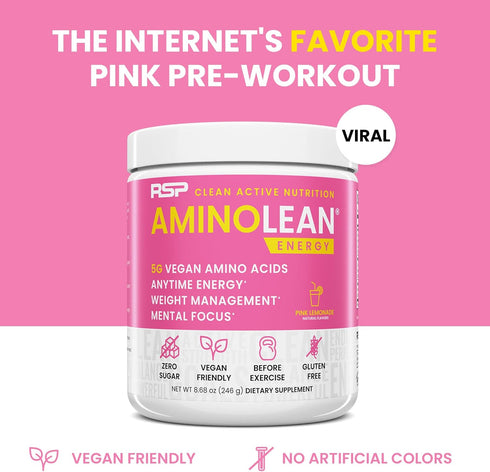 RSP NUTRITION AminoLean Pre Workout Powder, 30 Serv, Pink Lemonade, Amino Energy & Weight Management with Vegan BCAA