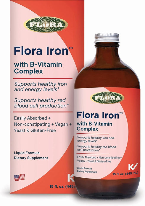Flora Iron with B-Vitamin Complex - Non-Constipating Liquid Iron Supplement, 15-oz. Glass Bottle