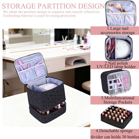 RZMAYIS 30 (15ml/0.5fl.oz) PU Leather Nail Polish Organizer, Double Layer Nail Polish Storage Holds Bottles & Nail