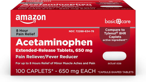Amazon Basic Care Acetaminophen Extended-Release Tablets, 650 mg, 100 Count for Pain Relief