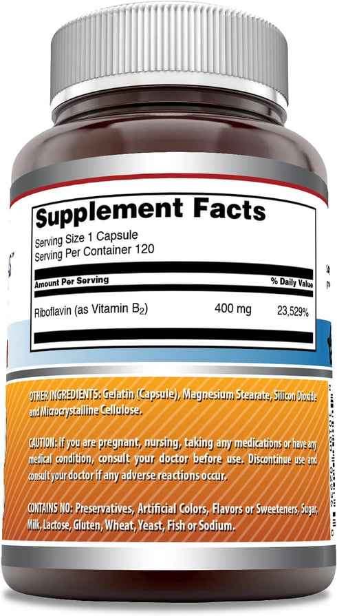 Amazing Formulas Riboflavin 400mg Dietary Supplement - 120 Capsules - Non-GMO & Gluten Free - Made in USA