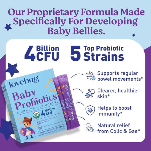 LOVEBUG Award Winning USDA Organic Probiotic for Babies - Multi-Strain 4 Billion CFU, 30 Packets