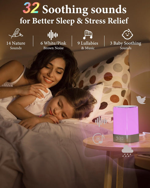 WamGra 32 Sound Machine White Noise Machine with Soothing Sounds, Bluetooth Speaker Alarm Clocks for Bedrooms with Wake