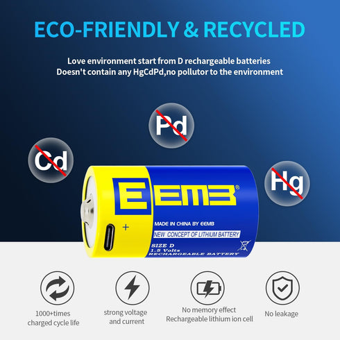 EEMB D Batteries 1.5V Rechargeable Lithium D Cell Batteries, 5550mWh with USB Type C Charging Cable - 2 Pack