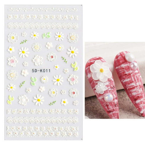 5 Sheets 3D Embossed Flower Nail Art Stickers Decals 5D Self-Adhesive Colorful Daisy Blossom Nail Supplies