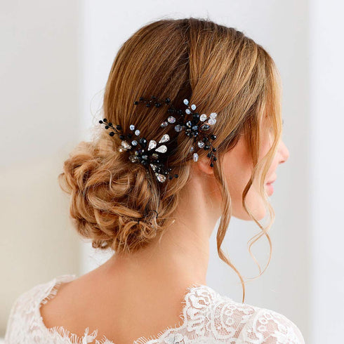 Unicra Black Hair Pins for Brides, Bridal Crystal Hair Piece Accessories for Women and Girls