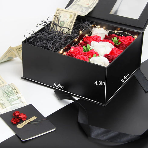 SDALU Money Pull Box for Cash Gift - Luxury Money Pull Out Flower Gift Box with Lid Flower and Ribbon, Unique Birthday