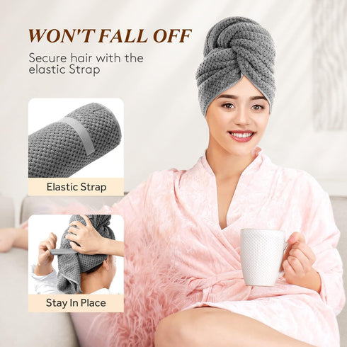 YFONG Microfiber Hair Towel Wrap for Women - Fast Drying Turbans for Long, Thick, Curly Hair, Dark Gray