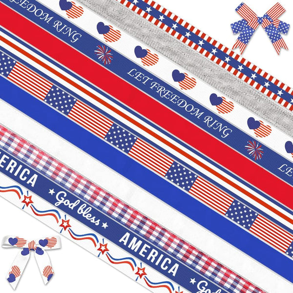 12 Rolls Patriotic 4th of July Ribbons, 3/8" Grosgrain Ribbons Red White Blue for Gift Wrapping, Labor Day Decoration