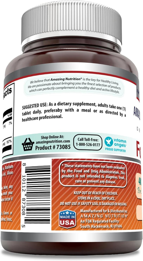Amazing Formulas Folic Acid (Vitamin B9) 400 mcg Tablets | Non-GMO, Gluten Free, Made in USA (250 Count)