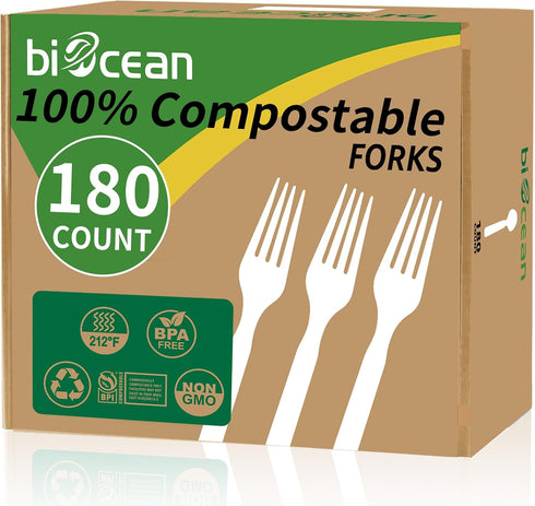 100% Compostable Forks, 180 Count Heavy Duty Disposable Utensils Set, Eco-Friendly Flatware for Party Camping Picnics
