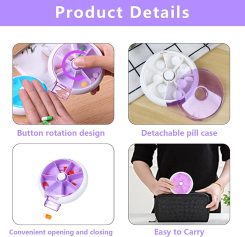 INVODA Weekly Pill Organizer, 7 Day Pill Dispenser with 3 Times Compartments, Push Button Rotate, Purple
